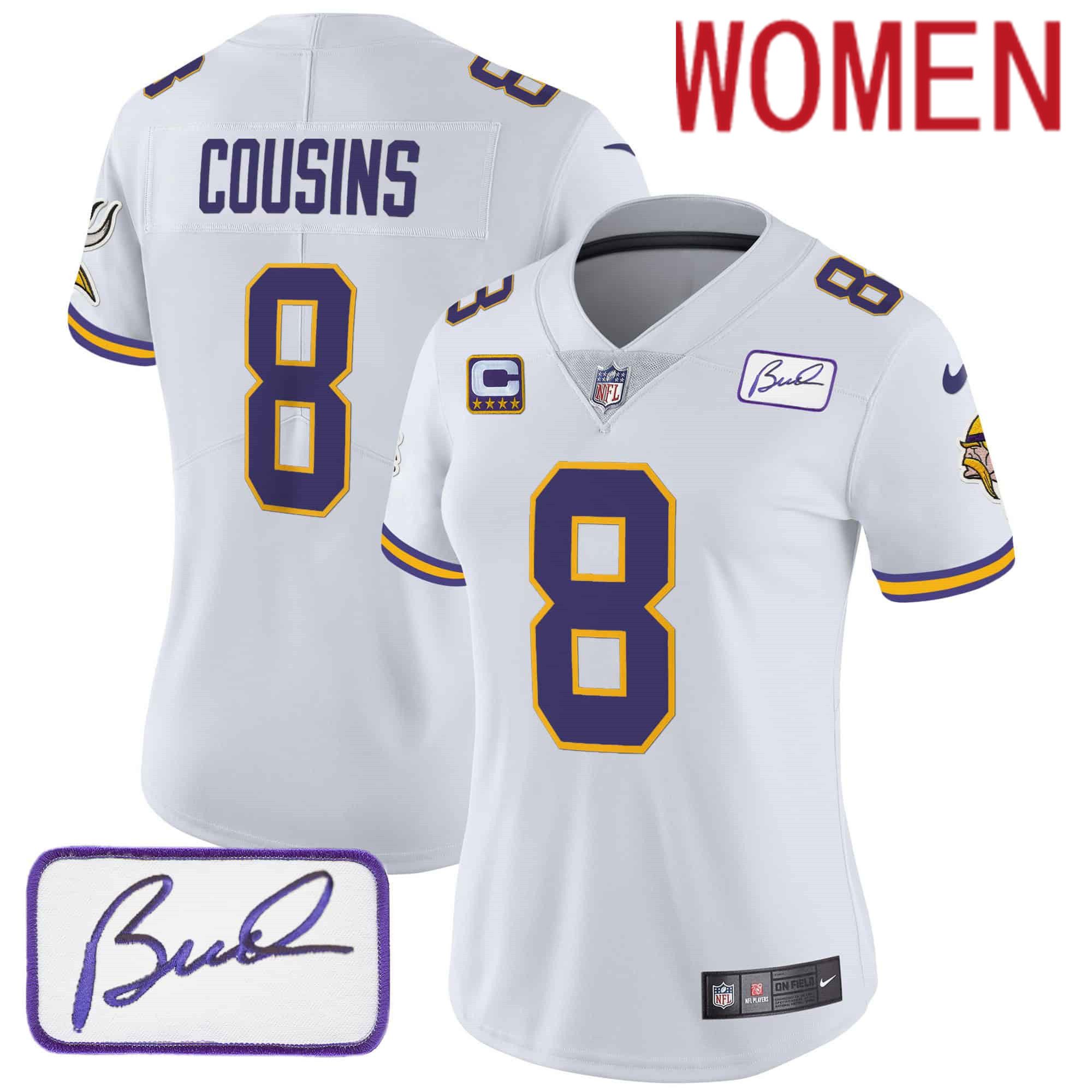 Women Minnesota Vikings #8 Cousins White 2024 Nike Bud Grant Patch Classic Limited NFL Jersey style 1